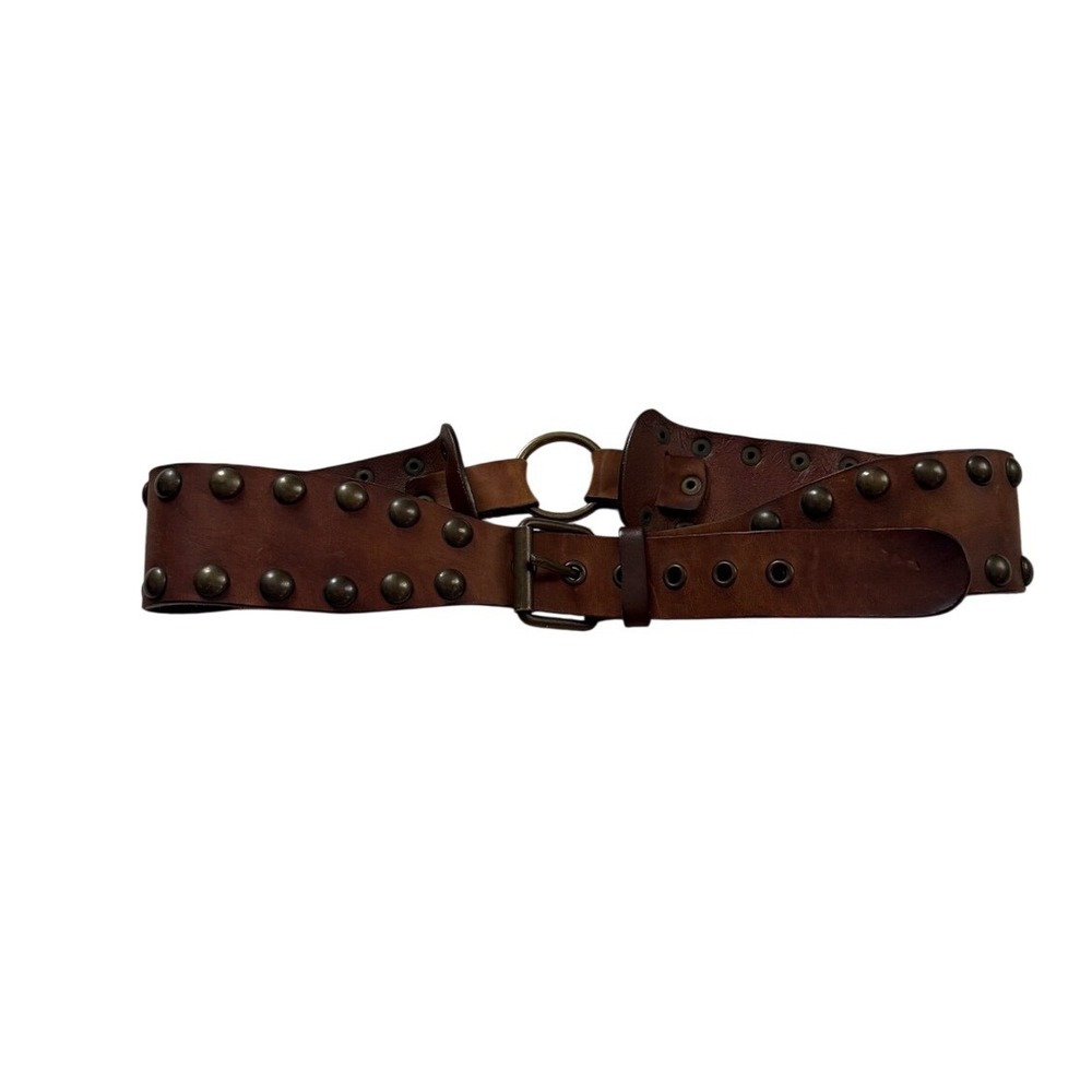 Y2K Vintage Express Brown Leather Studded Ring O-Ring Hip Belt M Made in Italy